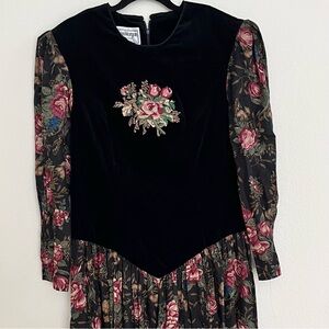 Vintage Fairy Grunge Romantic Goth Dark Coquette Long Sleeve Dress Velvet Bodice
